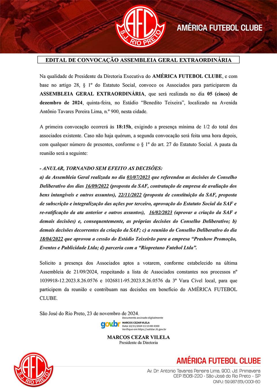 Edital de Convocação - Assembleia Geral Extraordinária - 05/12/2024